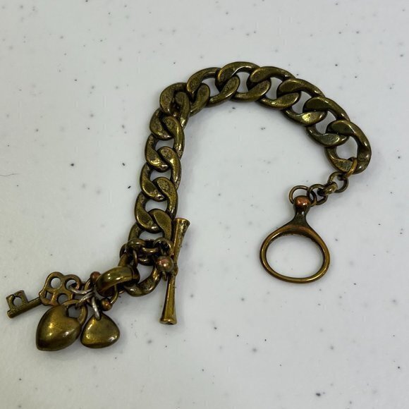 Fossil‎ Chain Bracelet Gold Tone Rhinestone Lock Key 7 Inch Charm Thick Cuban - Picture 6 of 7